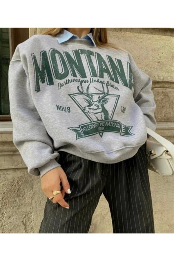 Gri Montana Baskılı Oversize  Sweatshirt