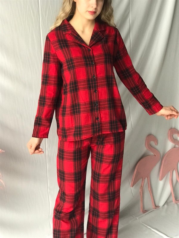 Kırmızı Ekose Göz Bantlı Pijama Takımı