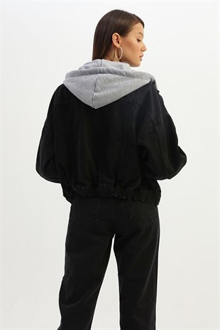 Kapüşonlu Oversize Kot Ceket Siyah