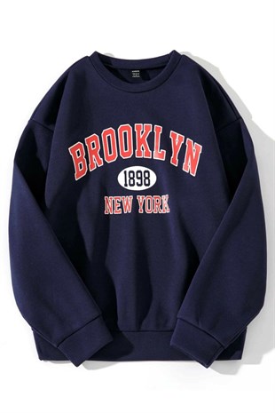 Lacivert Oversize Brooklyn Baskılı Sweatshirt