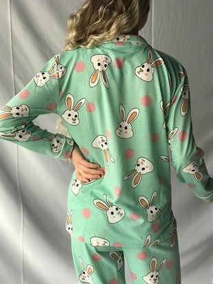 Mint Tavşan Desenli Pijama Takımı