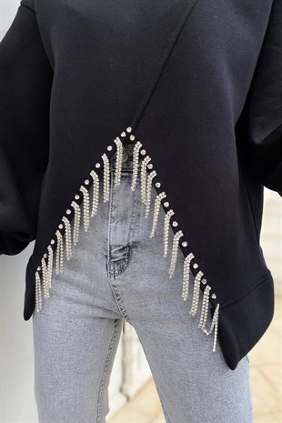Siyah Çift Taraflı Giyilebilir Parlak Taş Detay Tasarım Sweatshirt