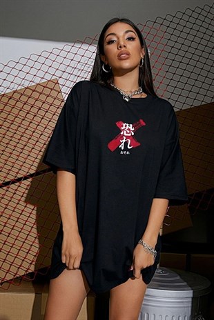Siyah Osaka Dragon Japonca Baskılı Oversize Salaş Kadın T-shirt