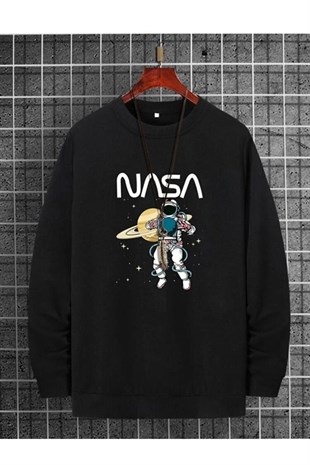 Unisex Siyah Sweatshirt Uzay Baskılı